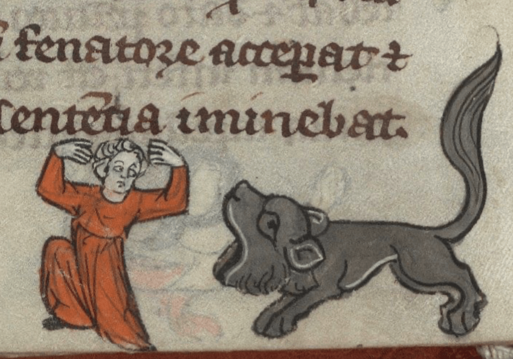 Medieval manuscript image of a black lion with a very large mouth roaring at a terrified person.