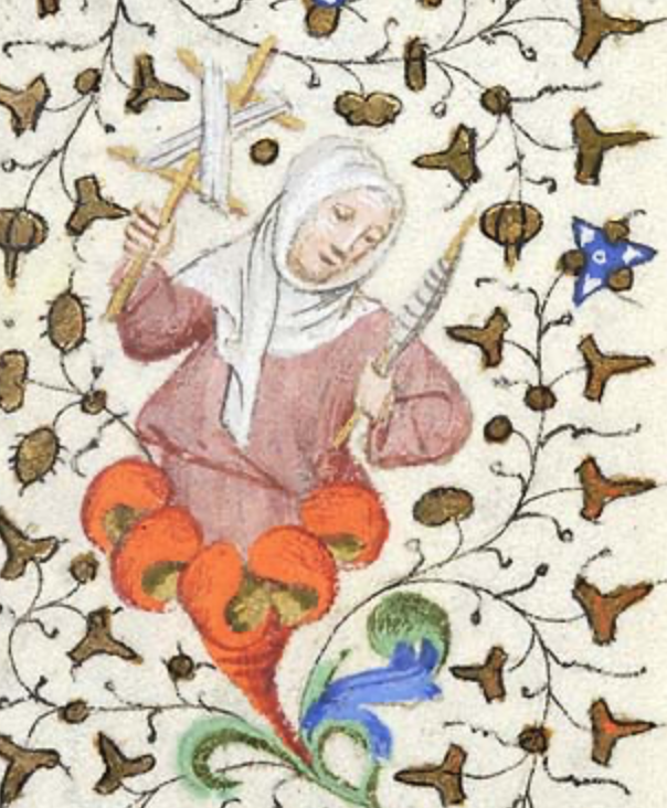 Medieval manuscript image of a woman, wearing a wimpled veil, emerging from a flower, holding a yarn winder in the right hand and a spindle in the left hand.