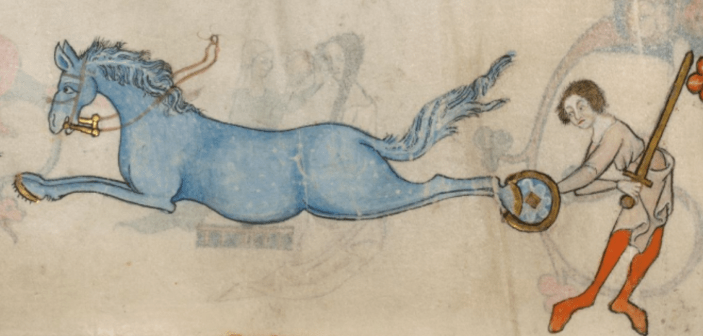 Medieval manuscript image of a blueish horse with golden bridle and hooves kicking at a man behind it, who defends himself with a shield.