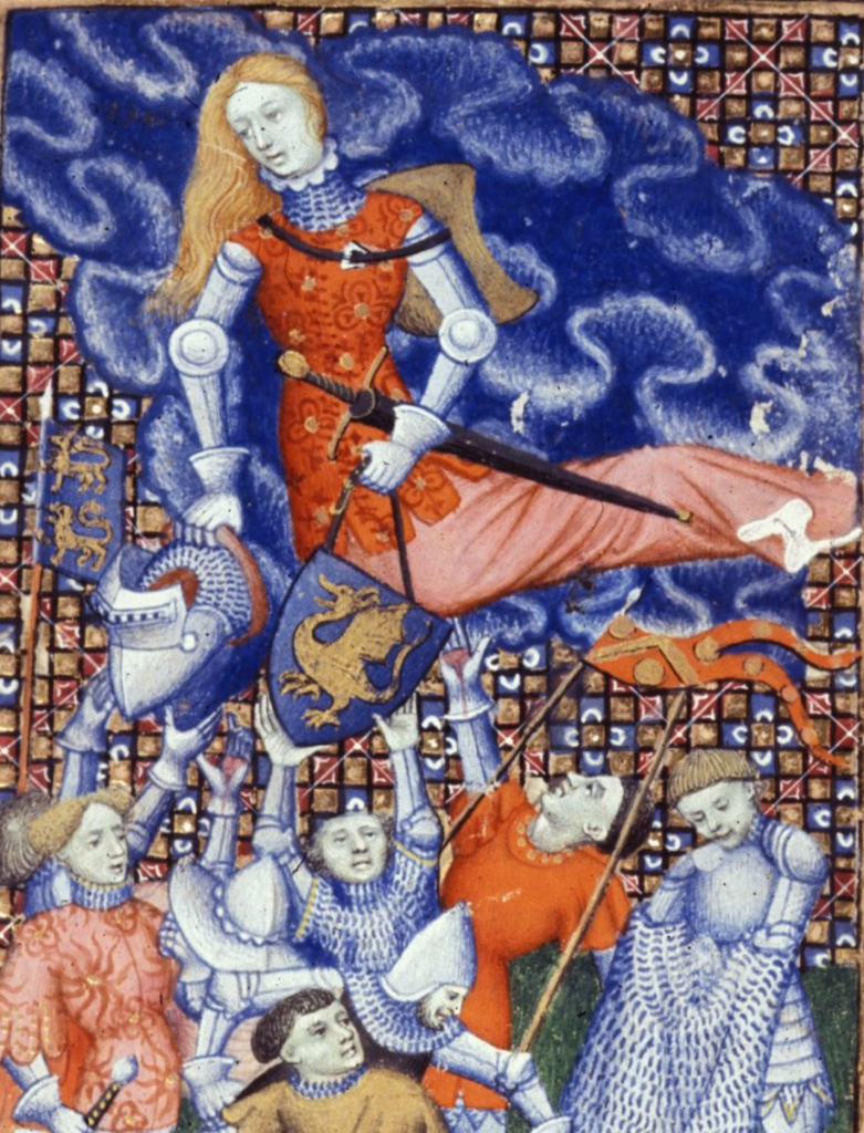 Medieval manuscript image of a woman wearing armour and a sword in the sky, casting down armour and a shield to soldiers below, who reach up to her; one soldier is putting on a mail shirt.