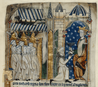 Medieval manuscript image of a group of monks looking on as one of their number proffers a chalice to a king on bended knee.