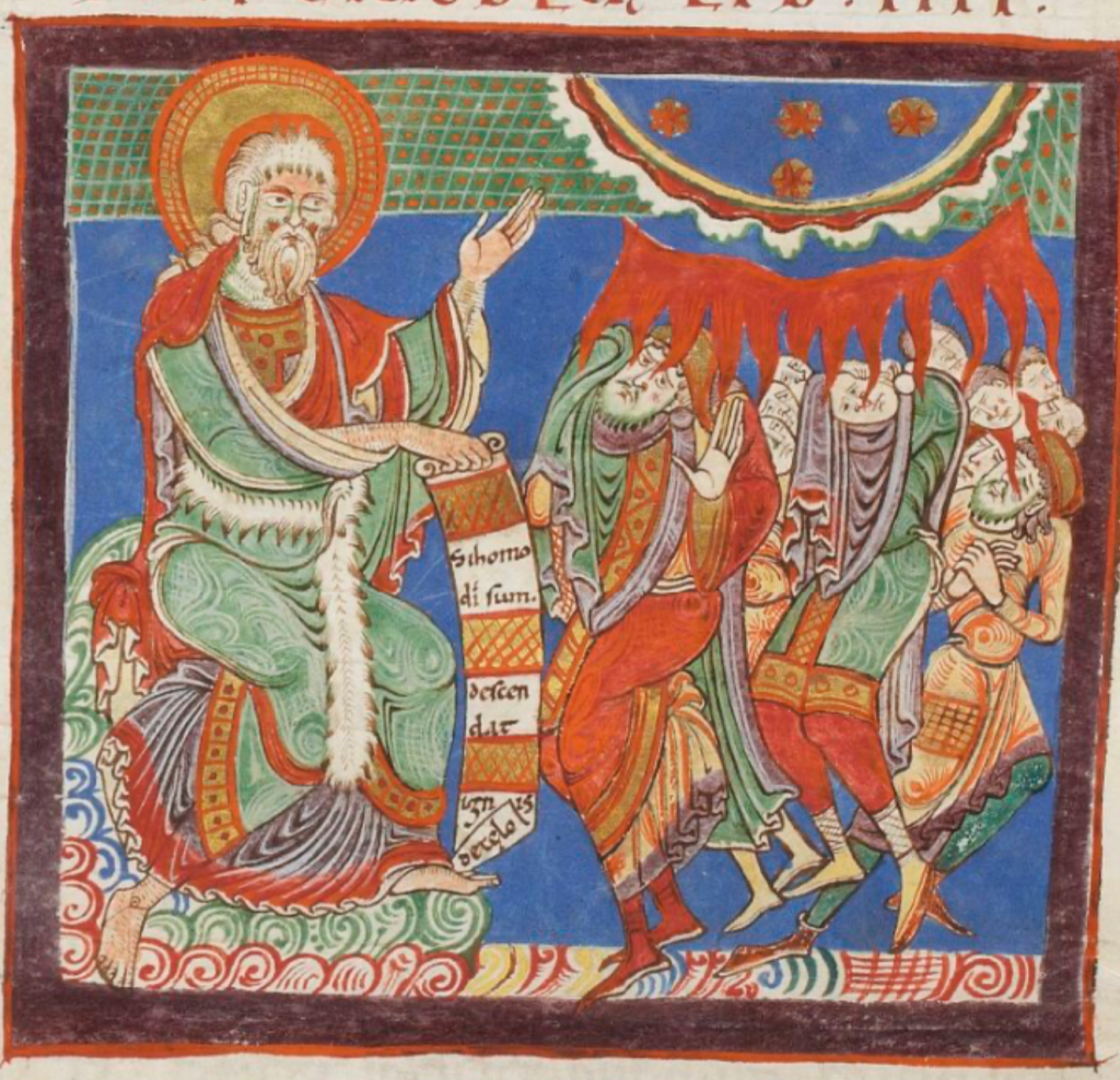 Medieval manuscript image of a white-haired God waving a left hand, holding a Latin scroll in the other, with a group of people caught in red flame descending from the heavens.
