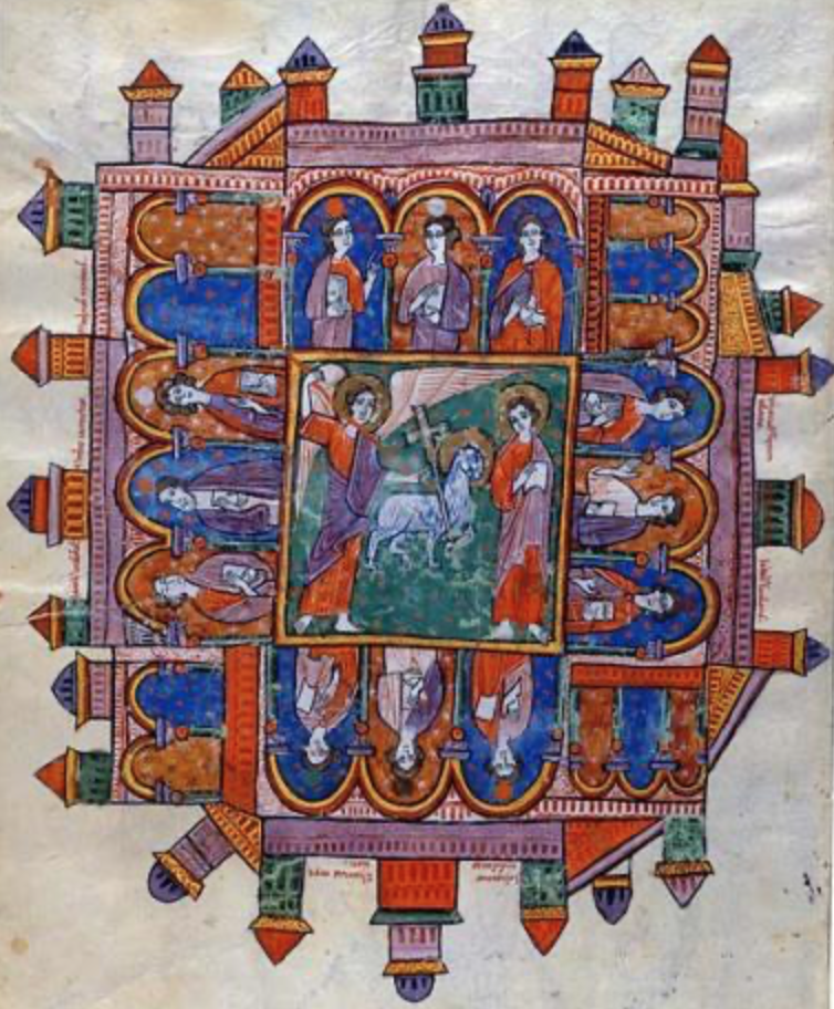 Medieval manuscript image of a colourful city with towers and archways, surrounding a square that contains an angel with a measuring stick, a haloed man with a book, and the Lamb of God.