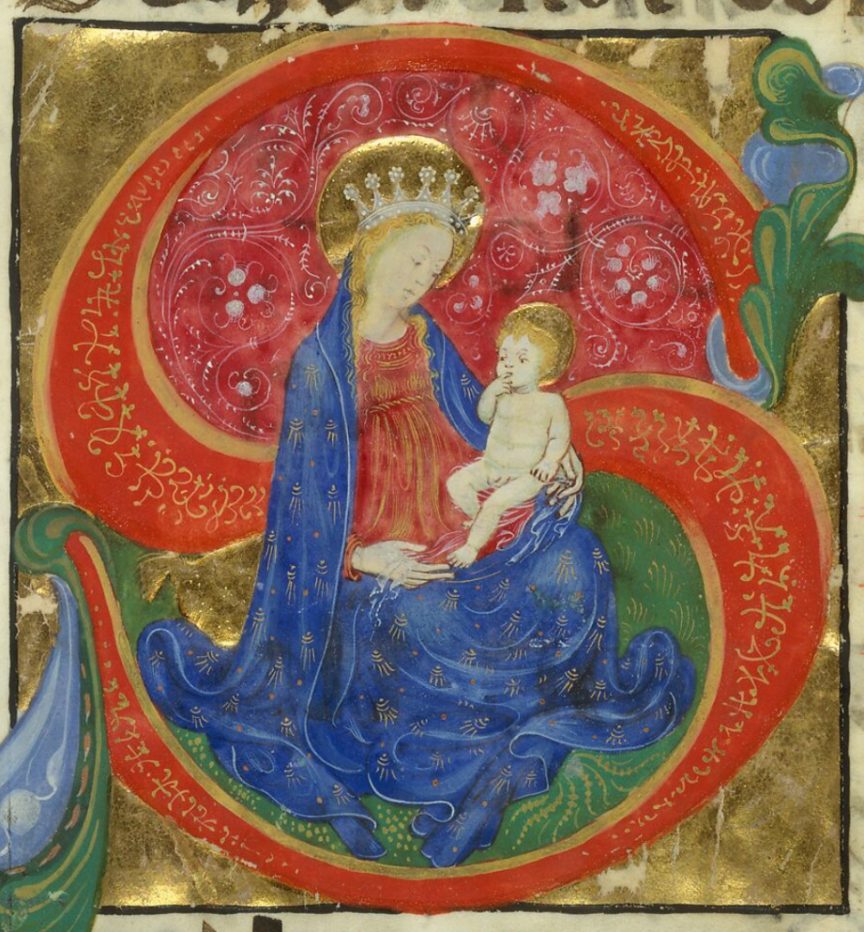 Medieval manuscript image of the Virgin Mary holding the baby Jesus in her lap as she sits on the grassy terrain created within the oval formed by the bottom of the letter S.