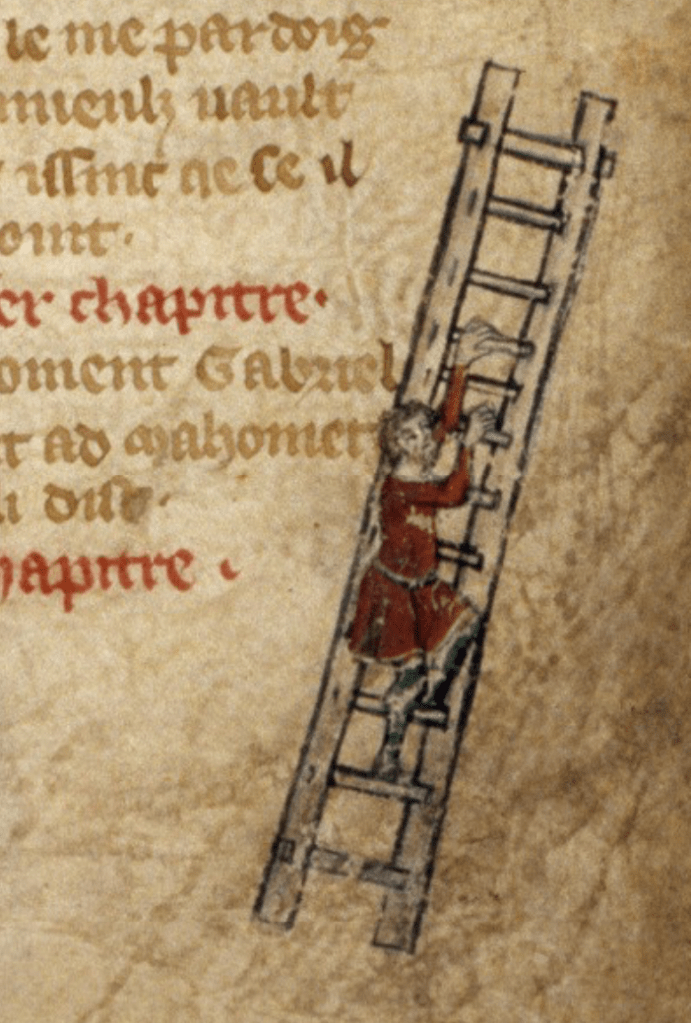 A man climbing a ladder in the margin of a medieval manuscript written in French.