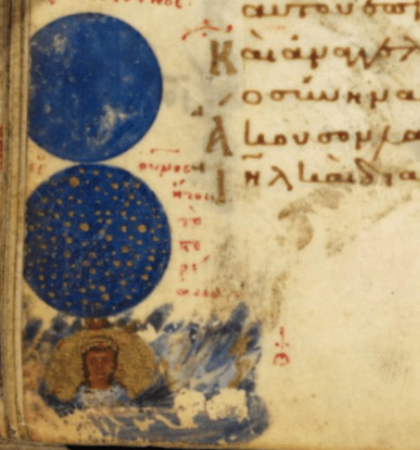 Medieval manuscript image of two blue circles, one on top of the other, the bottom one dotted with gold stars; below is a figure haloed in a gold semi-circle.