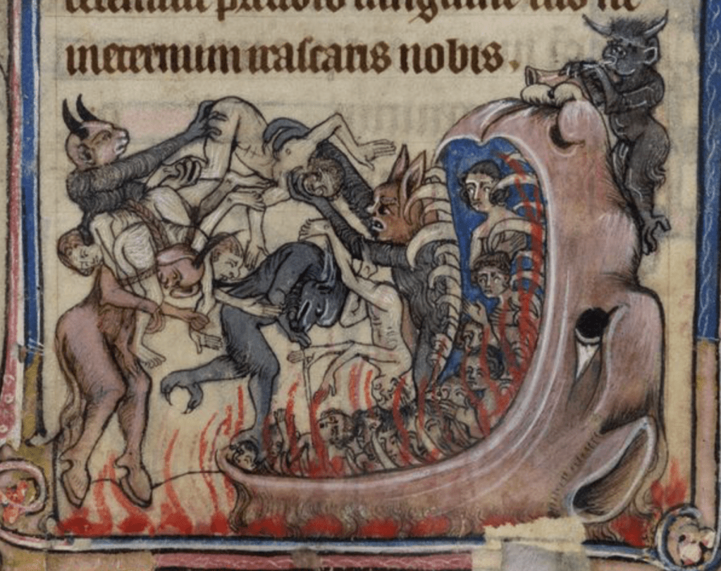 Medieval manuscript image of a beast’s mouth, toothy and filled with flames, into which naked people are being cast by hairy, horned demons.
