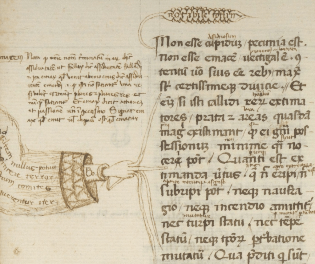 Medieval manuscript with a glossed Latin text that is being pointed to by a hand’s creepy, tentacle-like fingers; more Latin is written on the hand’s sleeve and wrist.