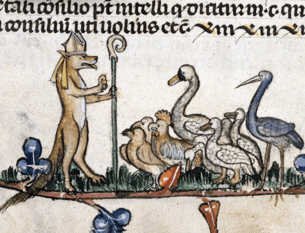 Medieval manuscript image of a fox wearing a bishop’s mitre and carrying a crozier, addressing a group of various birds gathered before him.