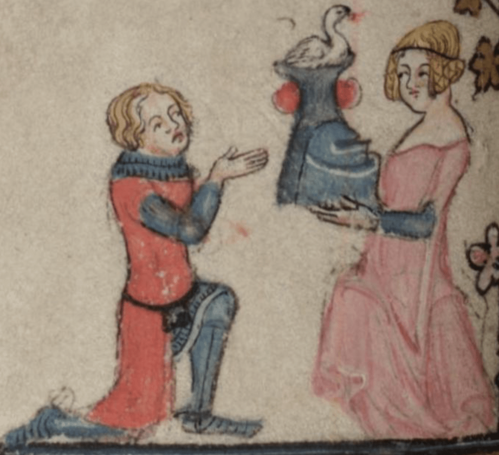 Medieval manuscript image of a kneeling knight receiving a helmet from a seated woman in a pink gown; the helmet in the woman’s hands is topped by a swan-shaped crest and two red plumes.