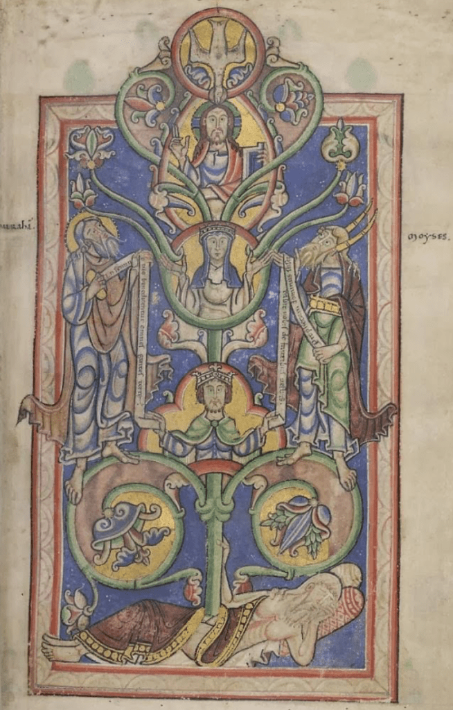 Medieval manuscript image of the Tree of Jesse, a tree growing out of the body of a man reclined on the ground; flowers and holy people are interspersed in the branches, and a dove descends into the tree from above.