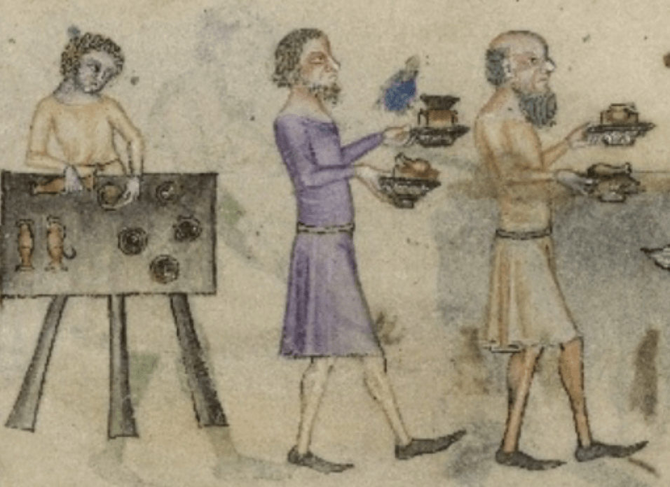Medieval manuscript image of a man pouring something into cups on a table, watching two other men walk away, carrying dishes of food in each of their hands.
