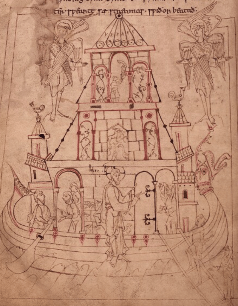 Medieval manuscript image of Noah’s Ark, a dragon-headed ship filled with people and a variety of different animals in a tower-like structure; two six-winged angels hover above.