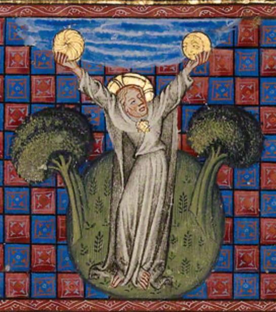 Medieval manuscript image of a haloed man standing between two broccoli-like trees with arms outstretched to a blue sky, the golden sun and golden moon in each hand.
