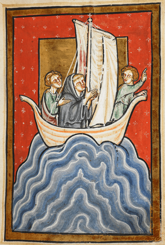 Medieval manuscript image of three men on a boat at sea, one of whom points at something ahead while looking back to his companions.