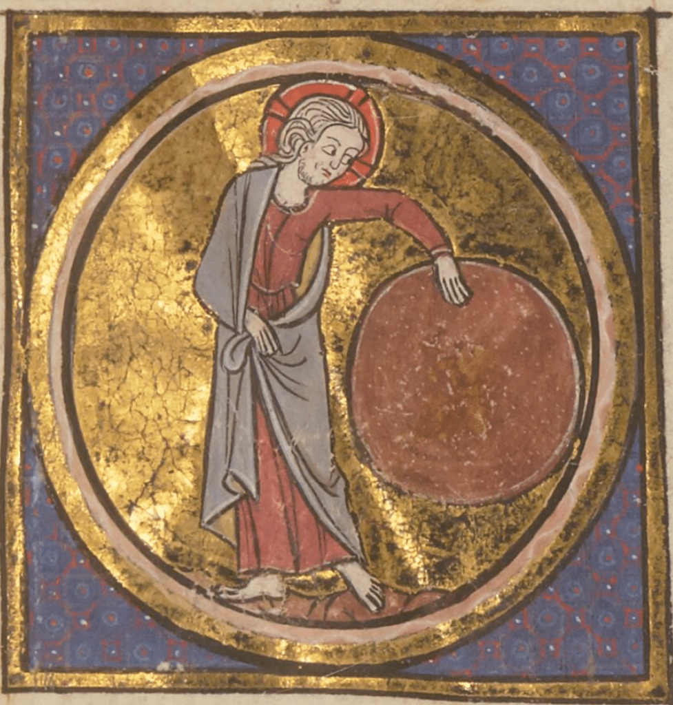 Medieval manuscript image of a bearded, haloed man looking at the large brown globe he holds in his hand.