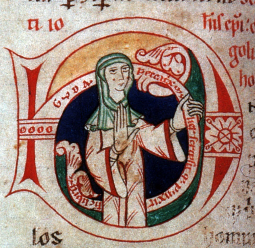 A woman stands within an initial D in a medieval manuscript, grasping a banderole with the name Guda and writing in Latin.