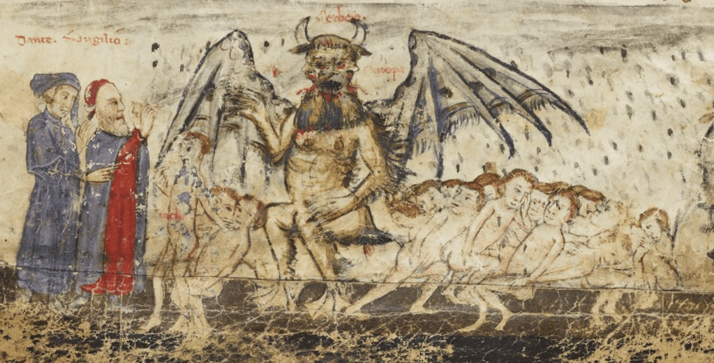 Medieval manuscript image of a naked people cowering beneath the wings of a devil with a cloud of hailstones and snow falling down; two clothed men look on from the side.
