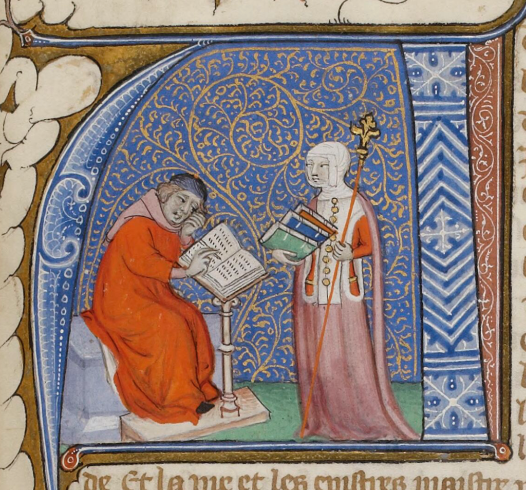 Medieval manuscript image of a man writing in a book open on a stand before him, while a well-dressed woman holding a stack of books and a sceptre looks on.