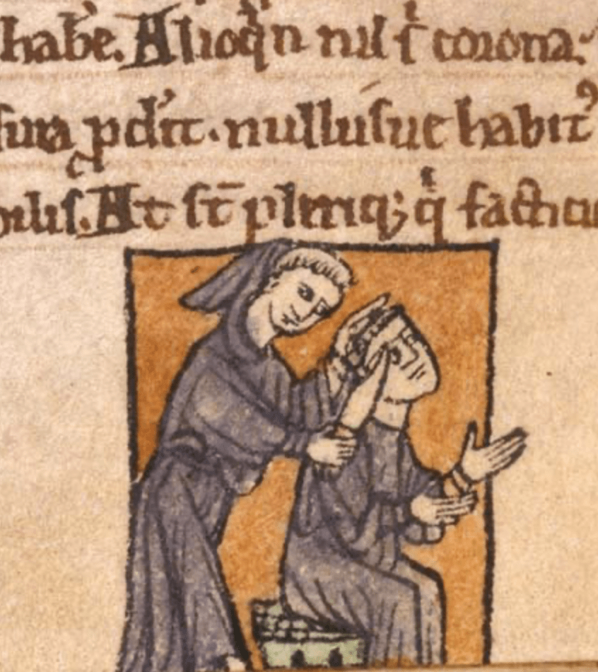 Medieval manuscript image in the margin of a Latin manuscript showing a seated monk receiving a tonsure from a monk  holding a knife to the side of his head.