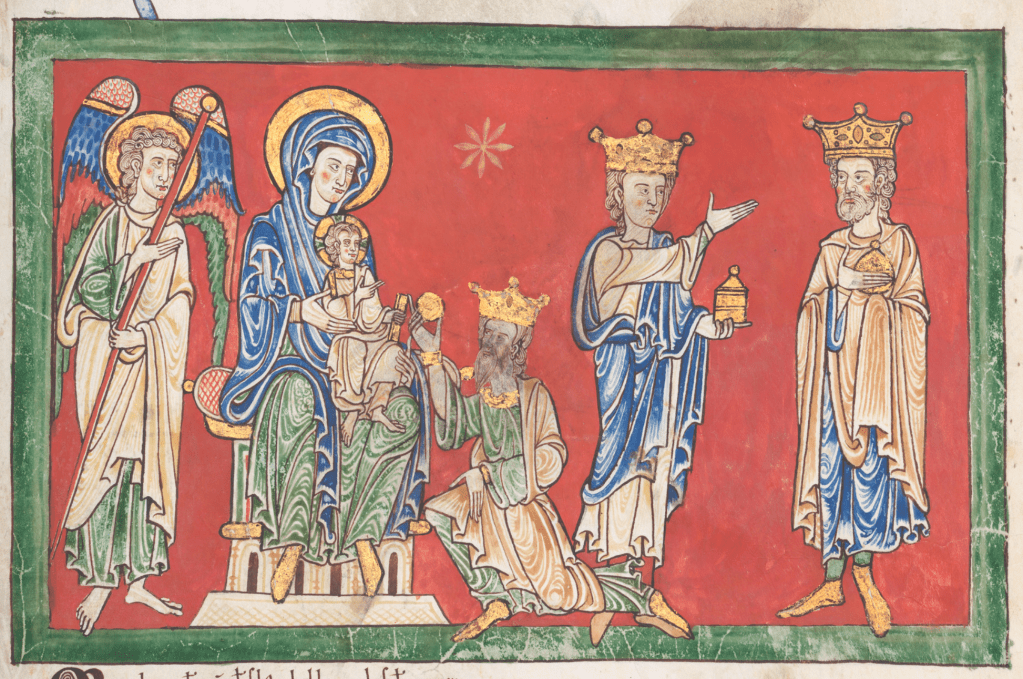 In a medieval manuscript three kings visit Mary and baby Jesus bearing gifts. One king kneels before the mother and child, while the other two wait their turn and converse. An angel with a long staff stands behind Mary.