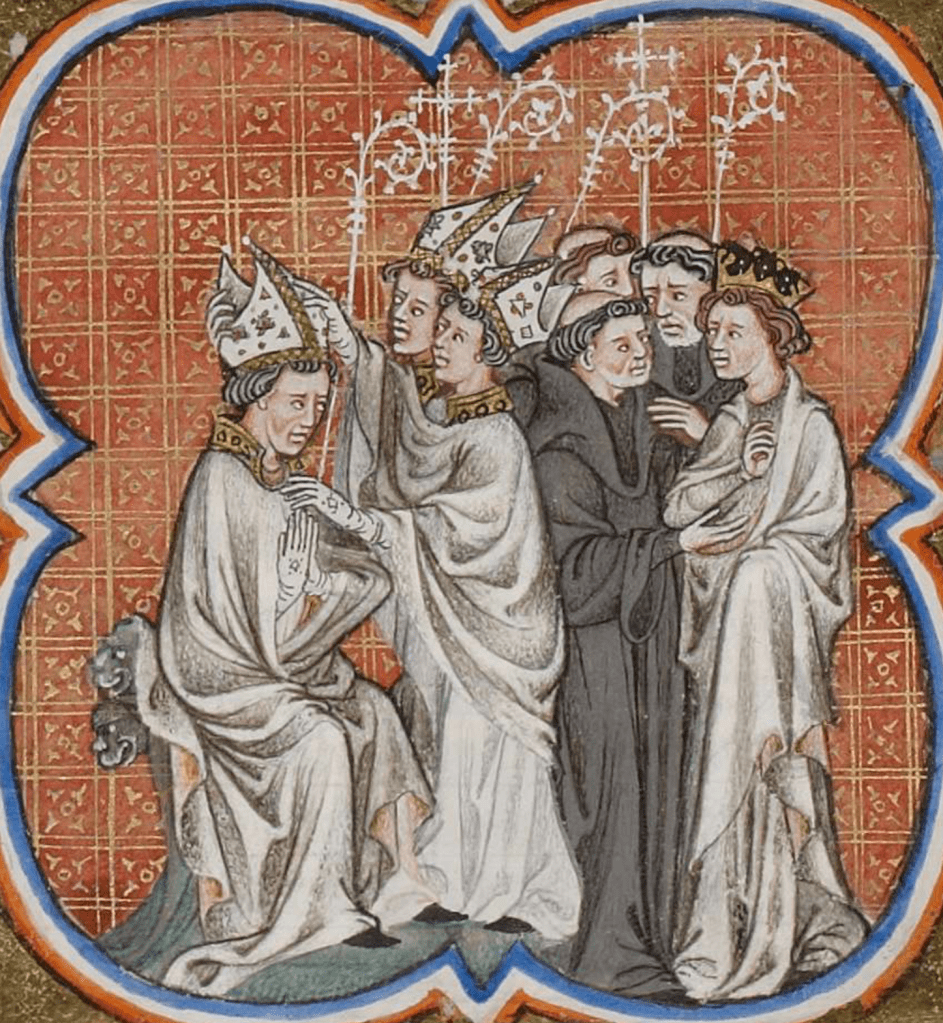 Medieval manuscript illustration of a gathering of two bishops and three monks and a king. One of the bishops sits with his hands pressed together in prayer while the two bishops place a mitre on his head.