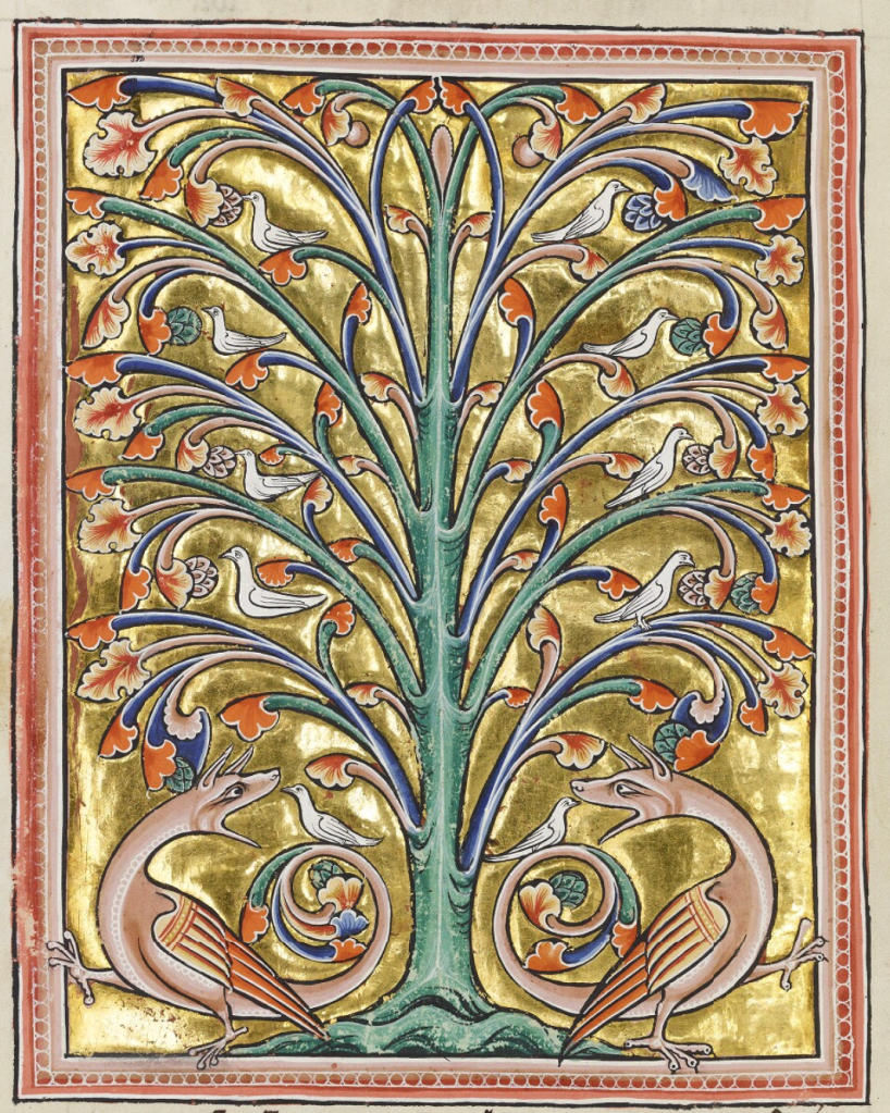 Medieval manuscript image of ten white birds perched on the branches of a tree; at the tree’s base are a pair of two-legged, winged dragons.