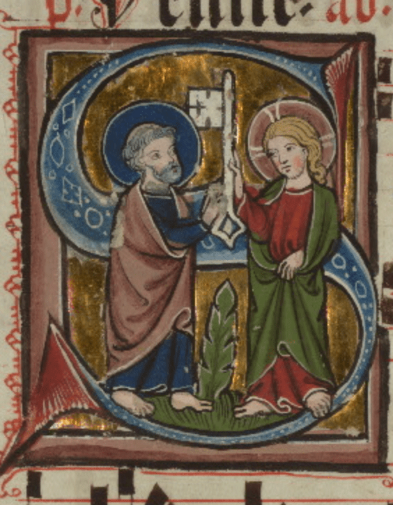 Medieval illustration of two haloed men standing within a letter S holding a giant key between them.