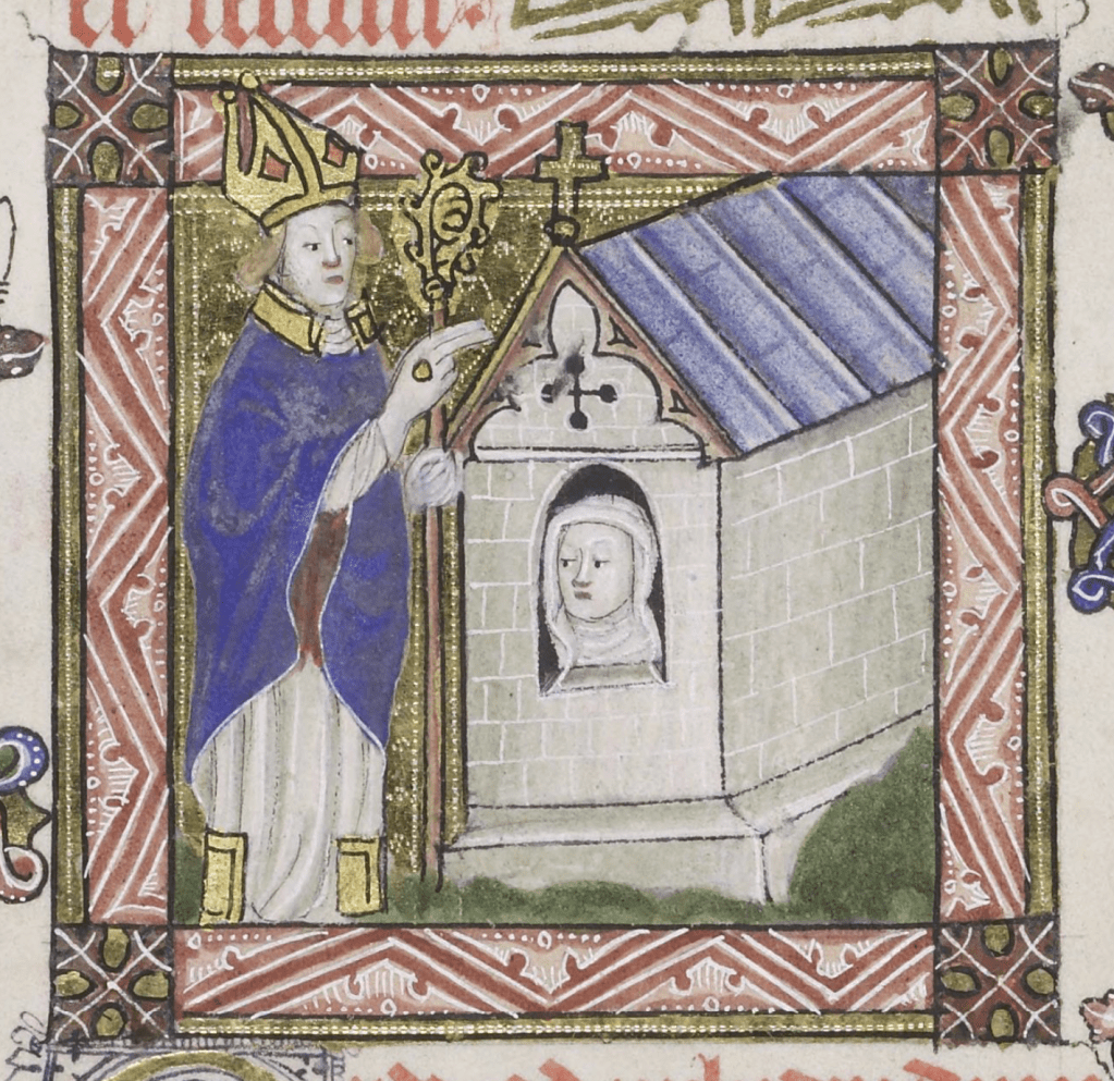 Medieval manuscript image of a veiled woman looking out the window of a small stone cell with a cross, outside of which stands a bishop.