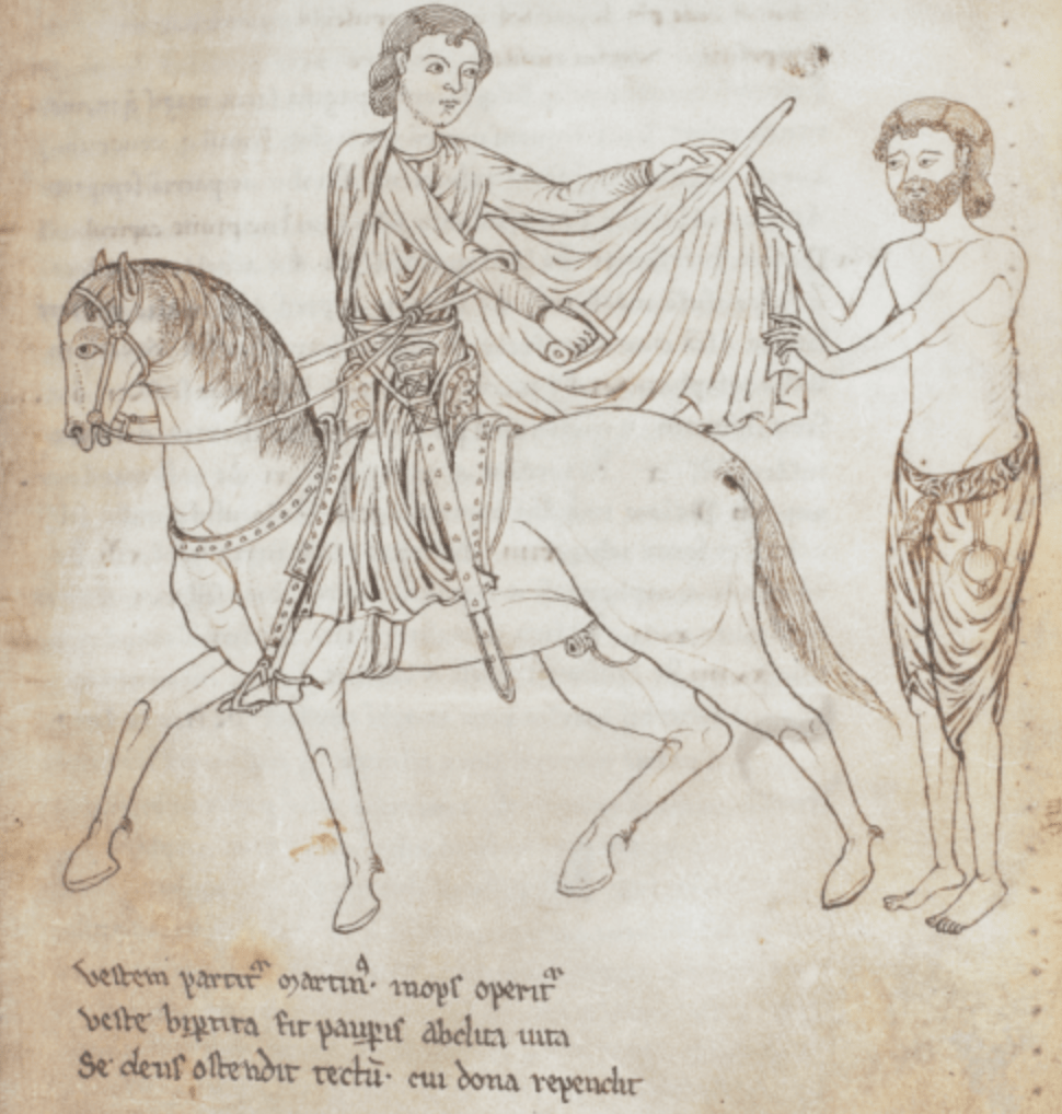 Drawing of a warrior on a horse using his sword to cut his cloak, which he is handing to a half-naked man standing beside him.
