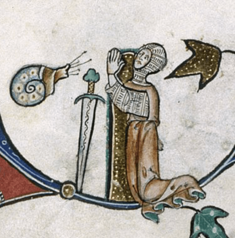 Medieval marginal illustration of a disarmed knight kneeling before a large snail, with a big sword stuck in the ground between them.