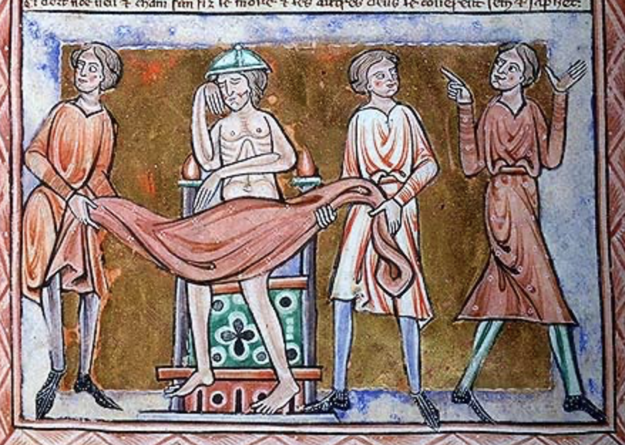 Medieval manuscript illustration of two men averting their faces and covering an older man with a piece of cloth who sleeps in a chair, naked except for his hat; another man gestures as he departs.