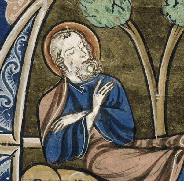 Medieval manuscript illustration of a bearded, haloed man sleeping, his arms folded across his chest.