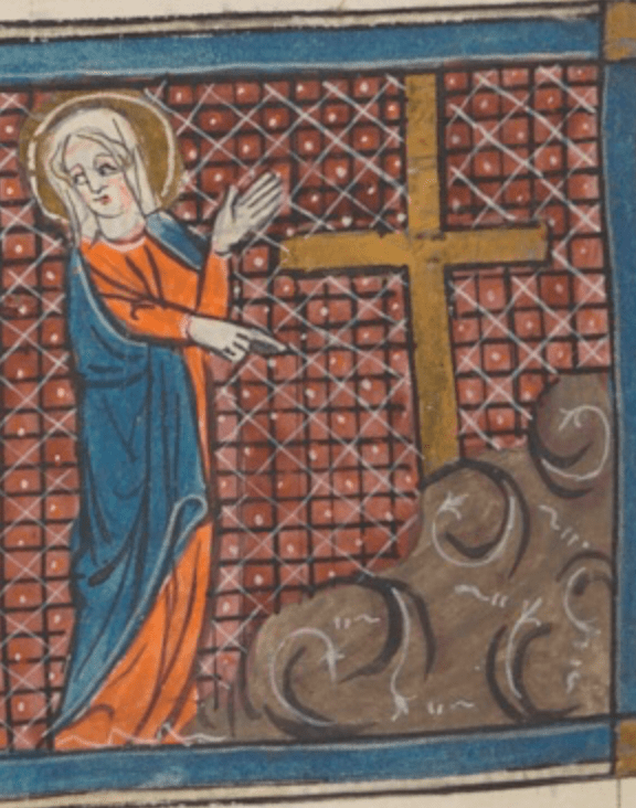 Medieval manuscript illustration of a haloed woman pointing to a cross that extends from a pile of earth.