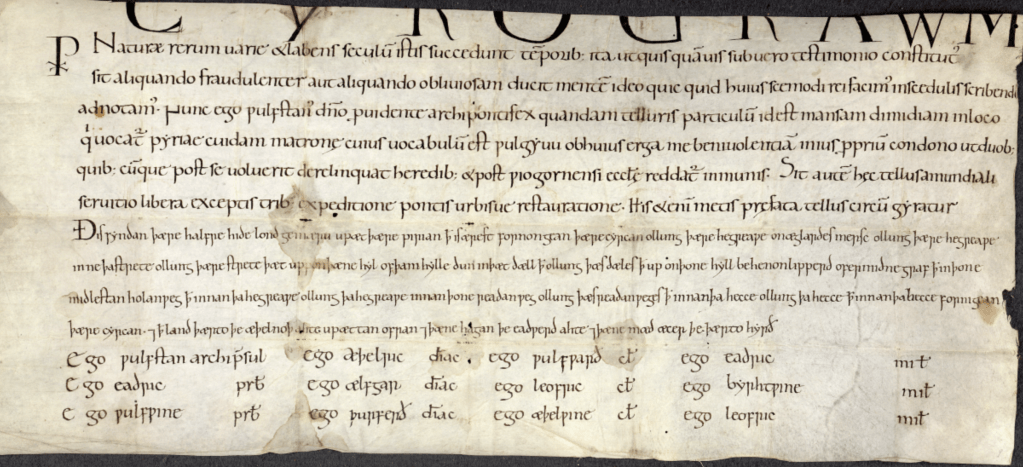Leaf of parchment with Latin writing in the upper half and Old English writing in the lower half, followed by a series of names.
