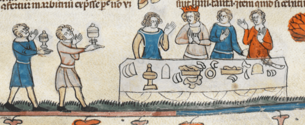 Medieval manuscript illustration of two servants carrying dishes to a long table, where a king sits with three other people and an assortment of dishes.