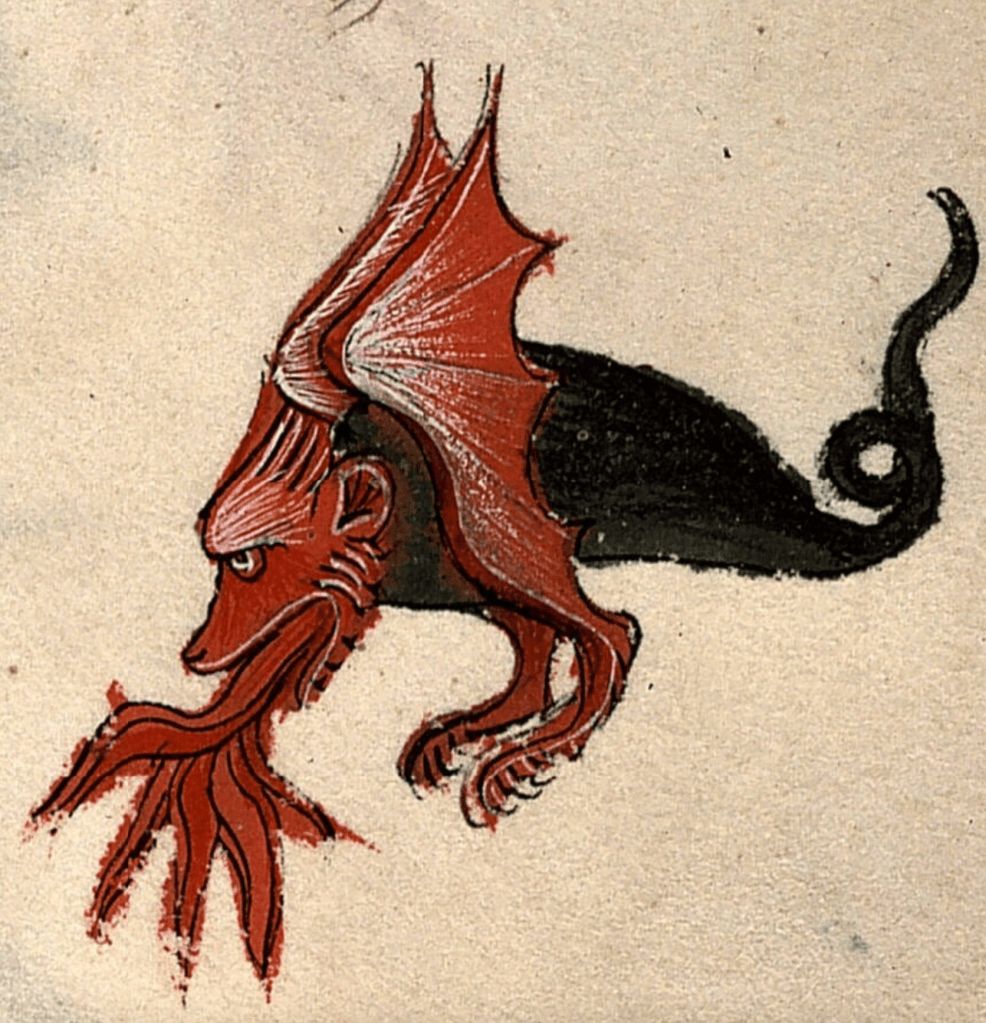 Medieval manuscript illustration of a fire-breathing dragon; it has no neck, a hairy face, and two wings that taper off into two feet.