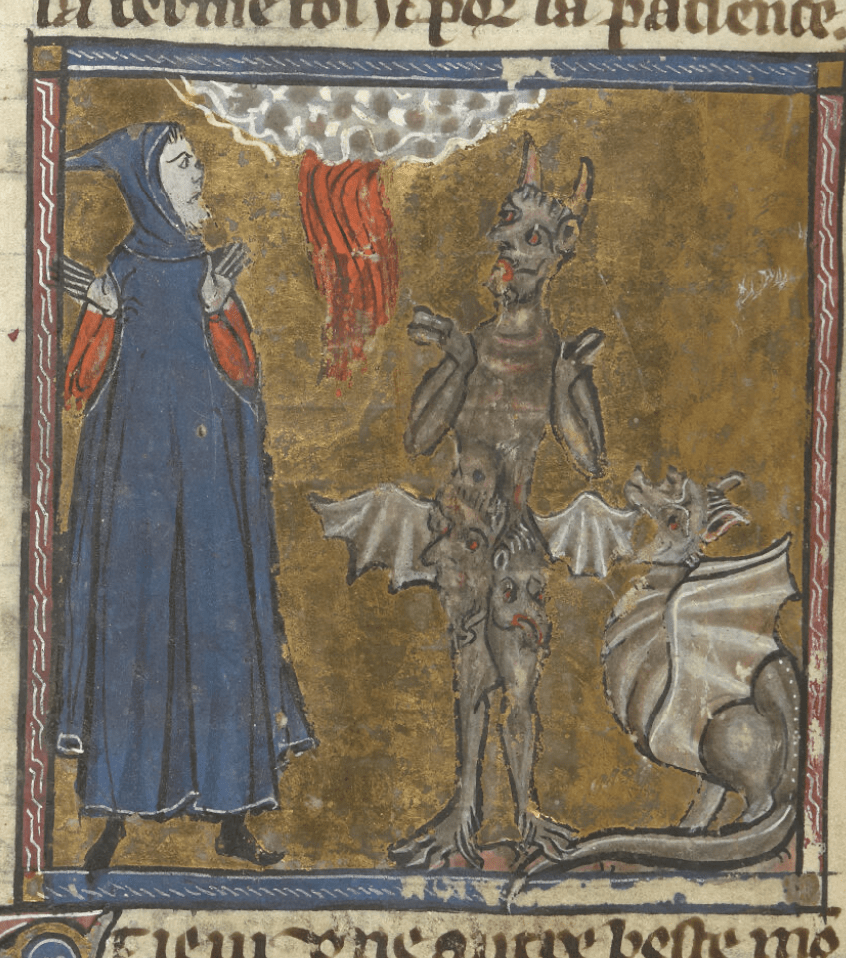 Medieval manuscript illustration of a hooded man holding his arms up in front of him facing a tall horned devil with wings on its rear and a smaller two-winged dragon; blood pours down from a storm cloud overhead.