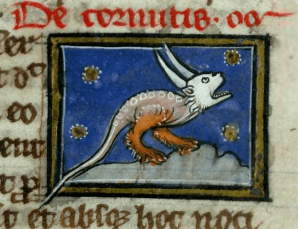 Medieval manuscript illustration of a hostile-looking creature with two long horns, a toothy mouth, two hairy legs, a snake-like back and long tail.