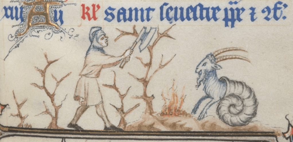 Medieval manuscript marginalia of a man walking through leafless trees, approaching a goat-snail hybrid resting by a fire.