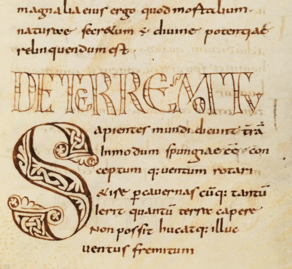 Medieval manuscript page in Latin written in two different styles of lettering, as well as a large S decorated with knot-work that begins the word Sapientes.
