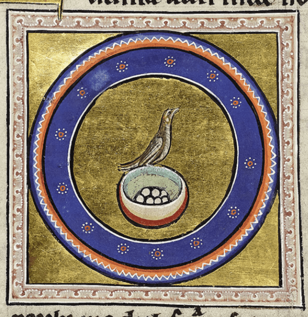 Medieval manuscript image of a tawny bird sitting on a bowl-like nest filled with eggs.