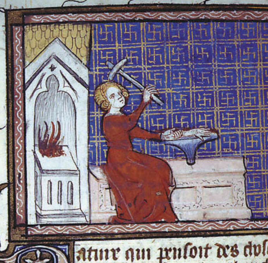 Medieval manuscript image of a woman sitting on a bench, raising a hammer with her right hand, holding with her left hand an arm on the anvil; a fire burns in an architectural niche.