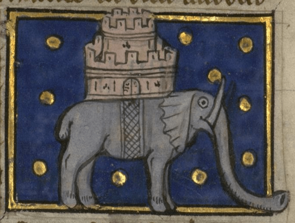 Medieval manuscript image of a wide-eyed elephant with incredibly long tusks and trunk carrying a castle on its back.