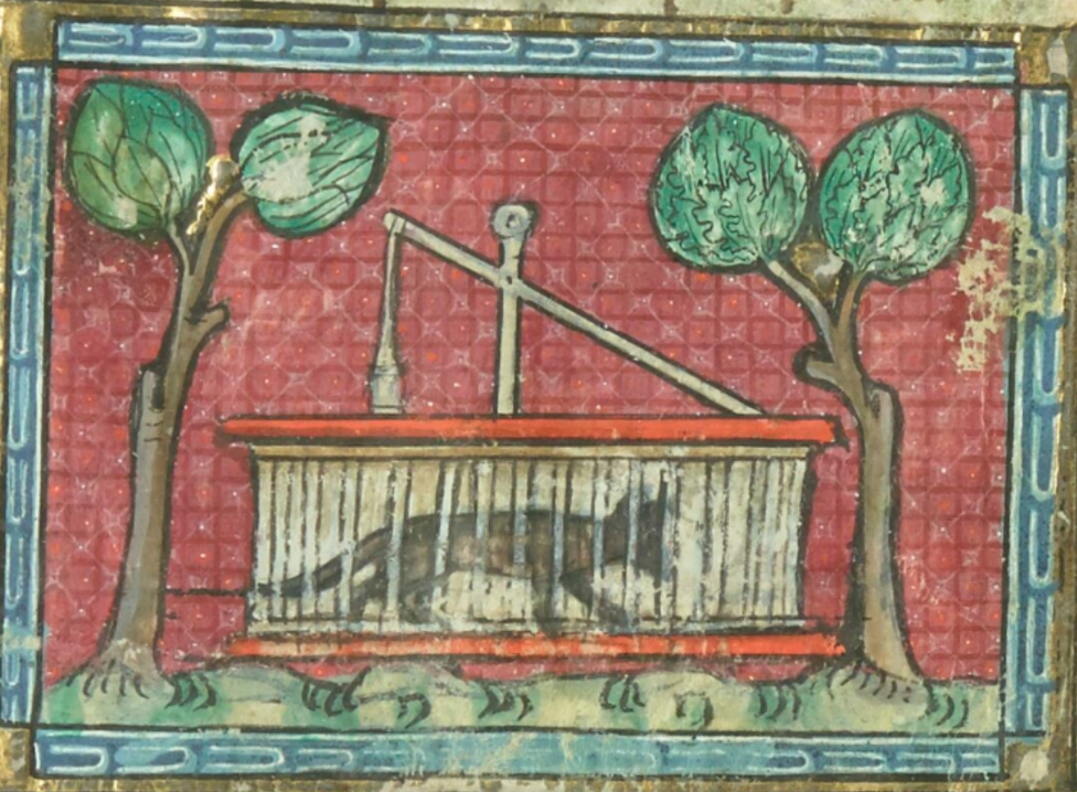 Medieval manuscript image of a rat trap with a long, rather skinny rat inside.