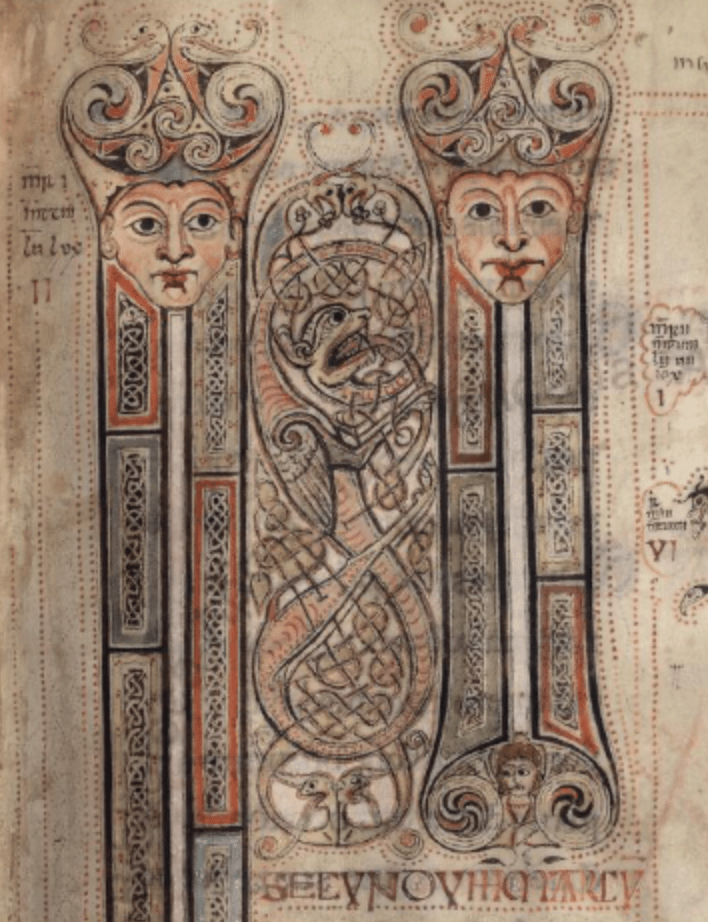 Part of an inhabited initial in a medieval manuscript, with a dragon-like creature in the central knotwork and intricately decorated vertical bars topped with human faces wearing neutral expressions, decorative swirls adorning their foreheads.