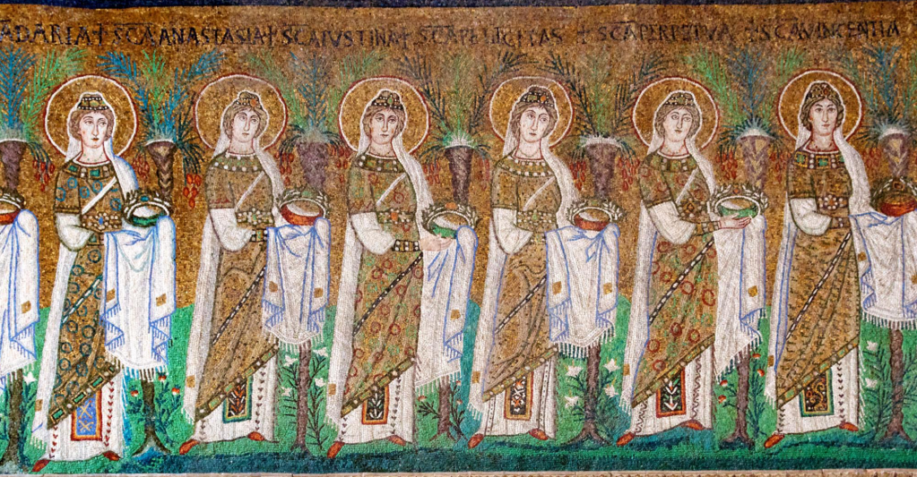 Mosaic of haloed women in Byzantine style clothing, each carrying a crown in their hands; the names of the saints are inscribed above in Latin.