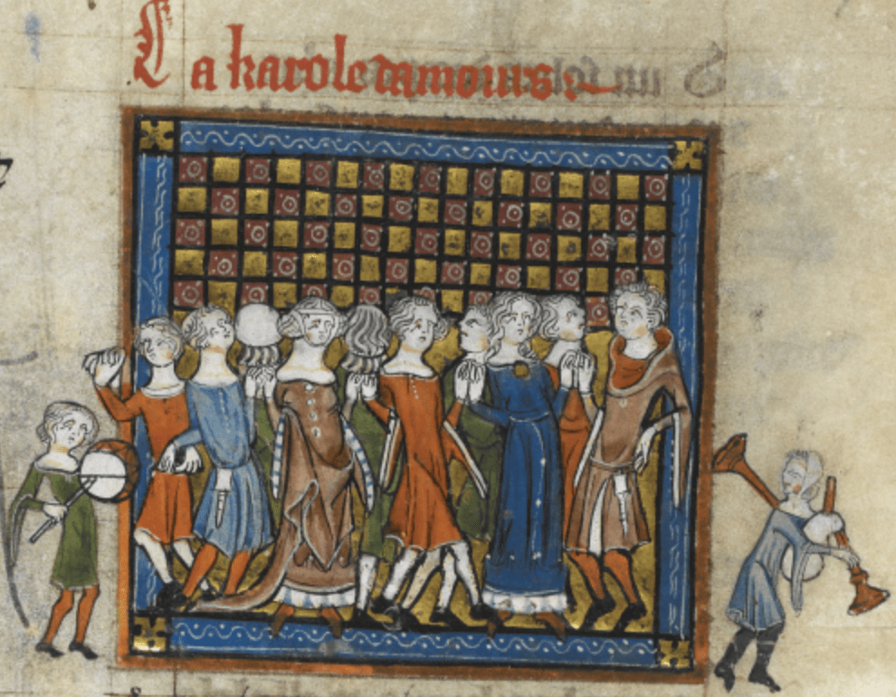 Medieval manuscript image of ten men and women doing a group dance to music played on bagpipes and drum.
