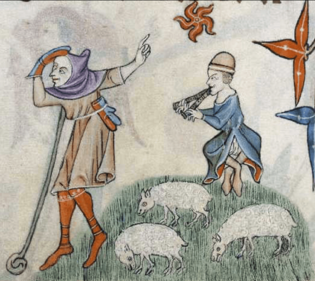 Medieval manuscript image of sheep grazing on a hillside while one shepherd plays pipes and another points to a star.