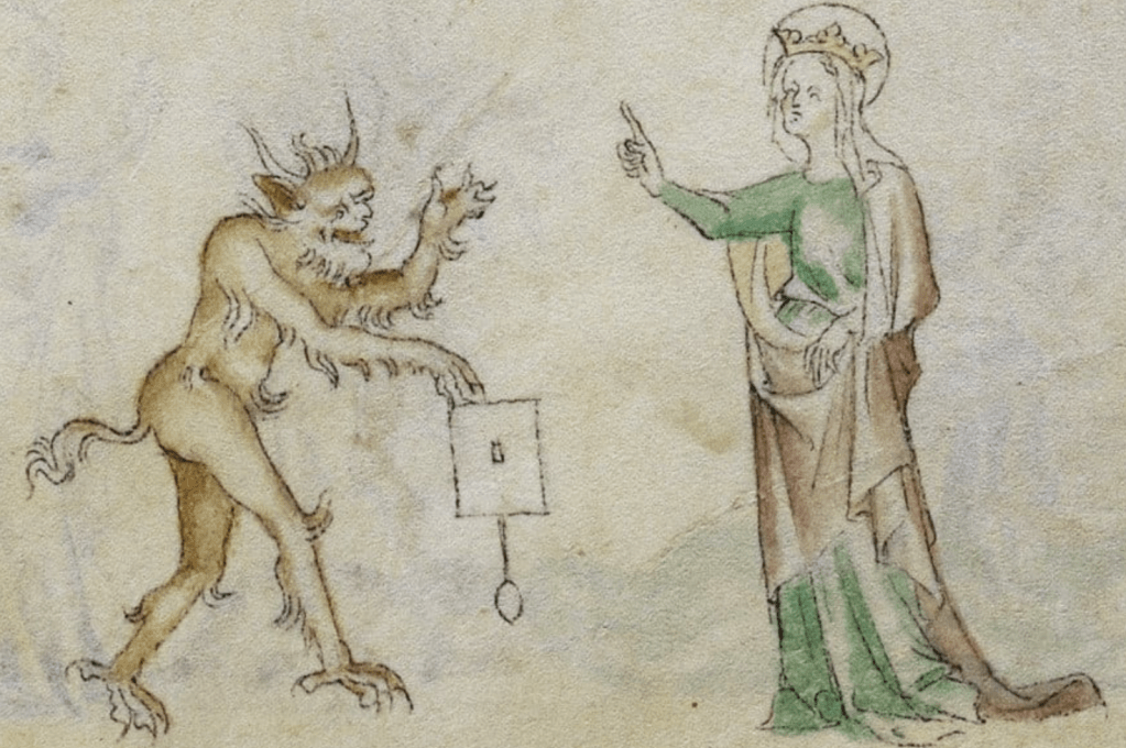 Medieval manuscript image of a haloed and crowned Virgin Mary wagging her finger in disapproval at a hairy devil who holds a contract in its right hand.